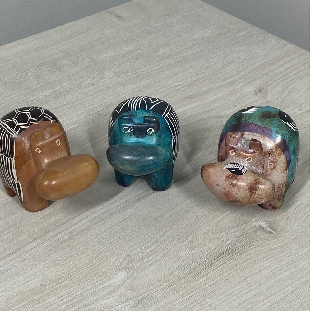 Set of Three Hand Carved Soapstone Hippo Figurine Tribal Etched Stone Sculptures